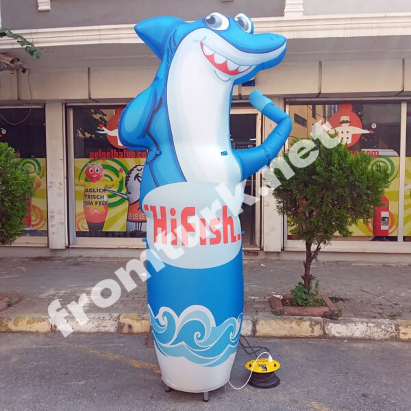 Large inflatable fisherman balloon displayed outside a seafood restaurant to attract customers