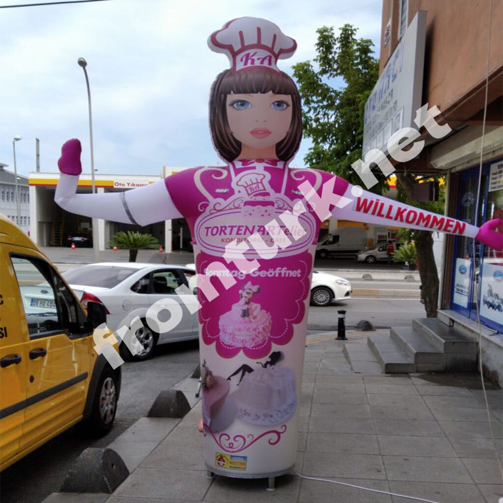 Inflatable woman figure balloon placed outside a shopping mall to attract visitors