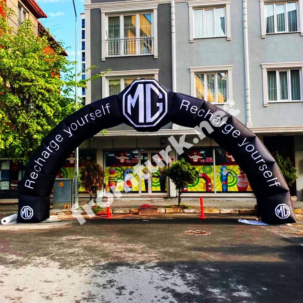 Branded inflatable arch balloon displayed at a corporate event or trade show entrance.