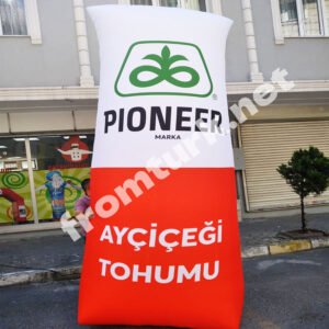 Indoor promotional flour bag advertising balloon at a trade fair or grocery store event.